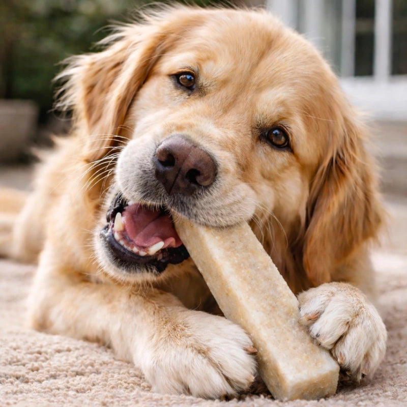 chien golden retriever mastique un batonnet de fromage