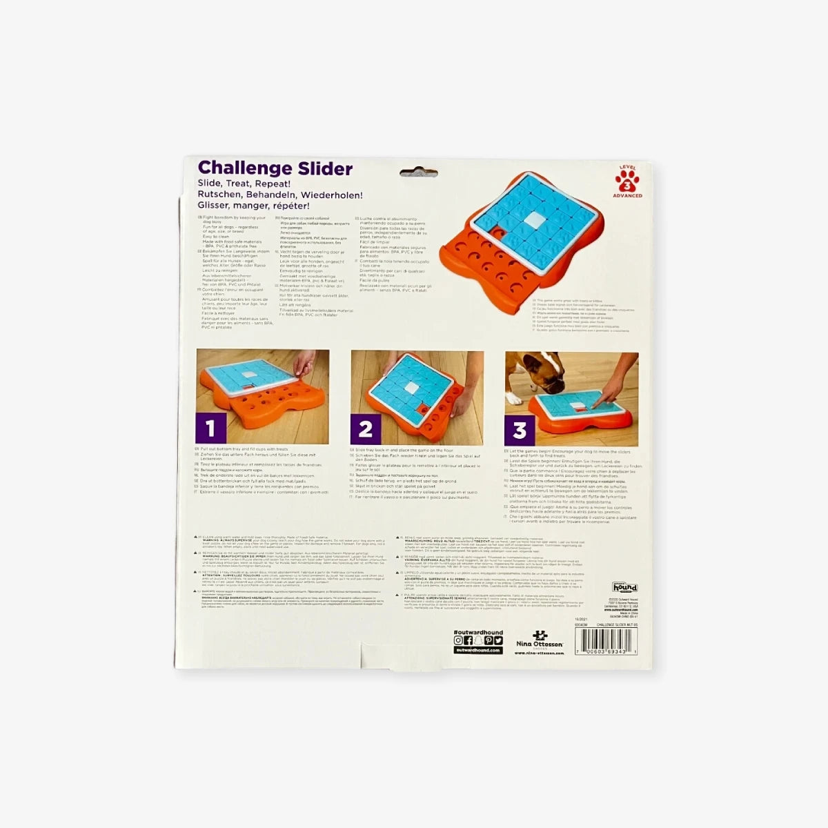 packaging verso jeu d'intelligence pour chien challenge slider nina ottosson