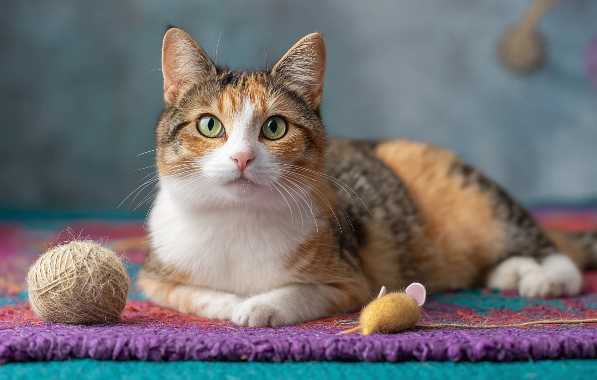un chat avec ses jouets d'occupation