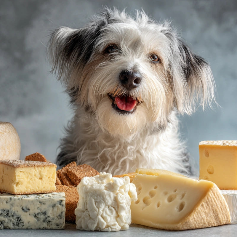 un chien avec des morceaux de fromage