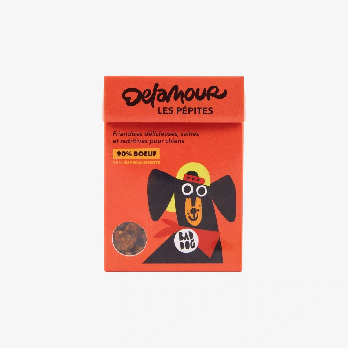 Packaging recto des friandises Les Pépites au boeuf Delamour