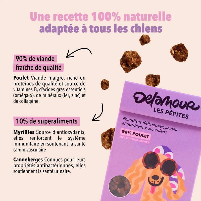 Les bienfaits des Pépites au poulet pour chien Delamour