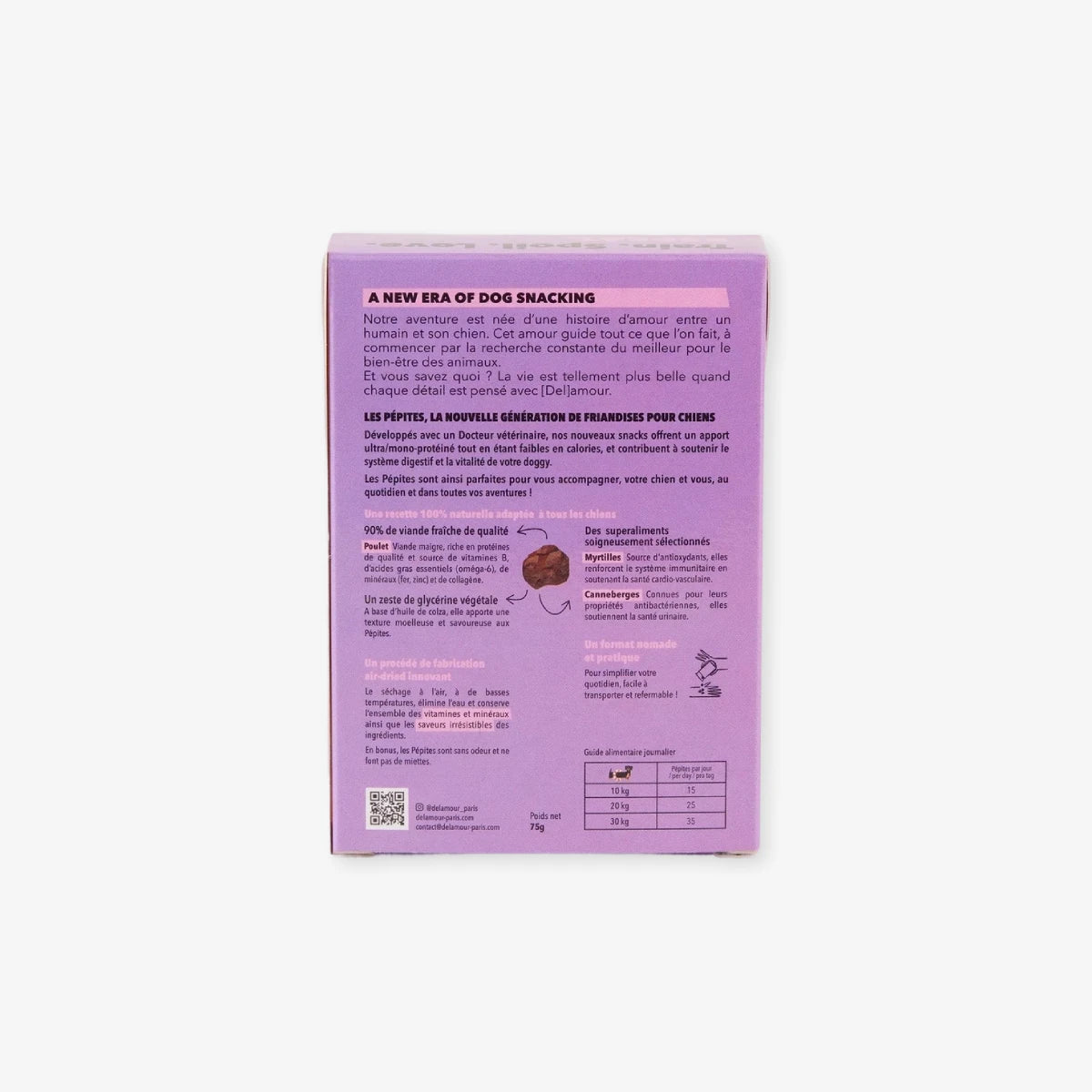 Packaging verso des pépites au poulet pour chien Delamour