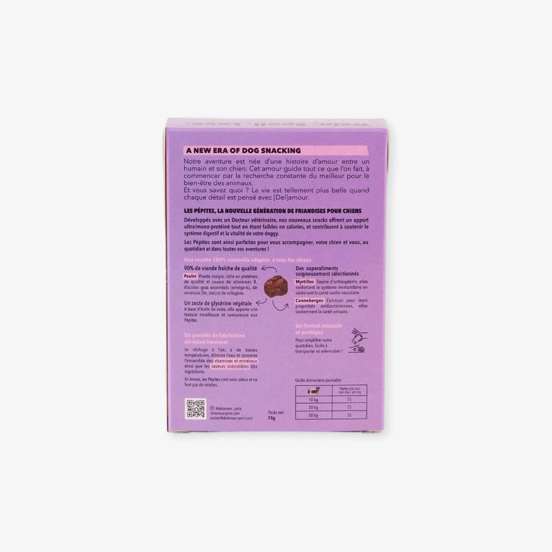 Packaging verso des pépites au poulet pour chien Delamour