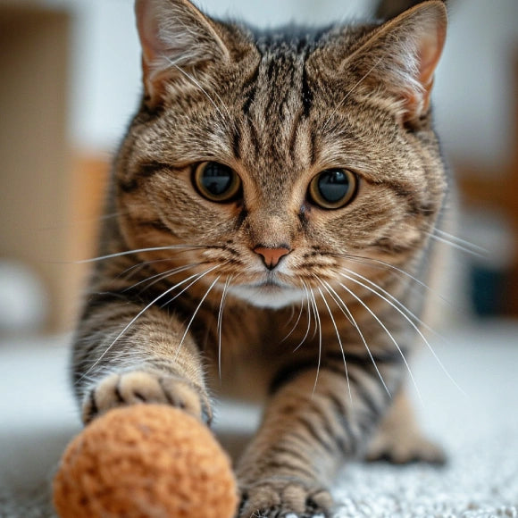 un chat joue avec une balle marron